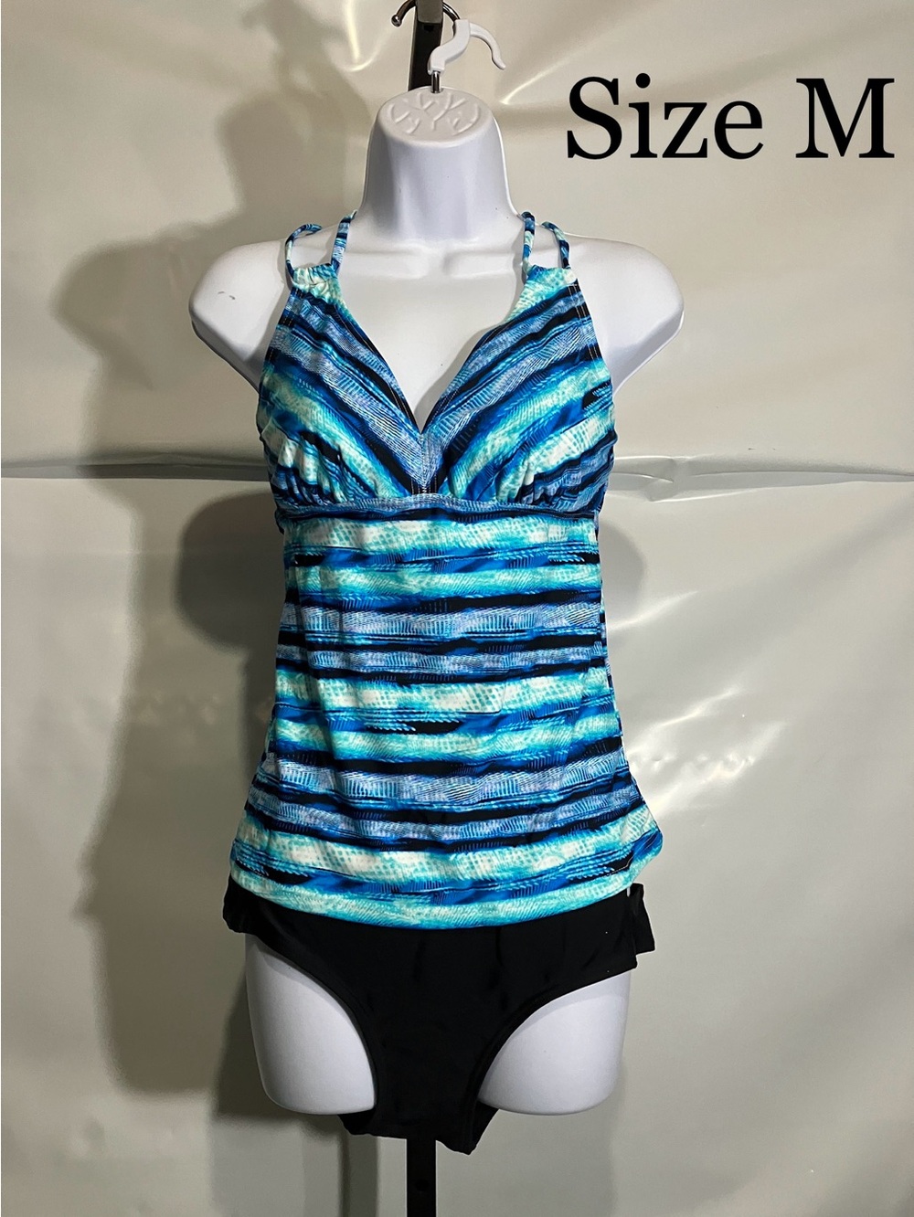 Women’s Blue Striped Tankini Swim Top and Black Bottoms - Size M
